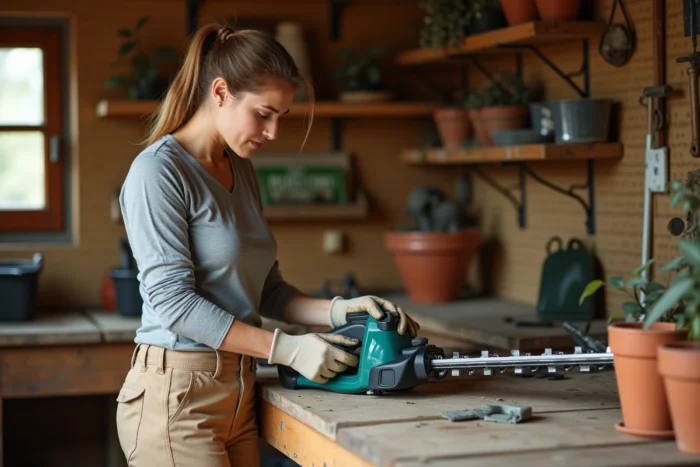 Femme inspectant une débroussailleuse électrique sans fil dans un atelier de jardin bien rangé