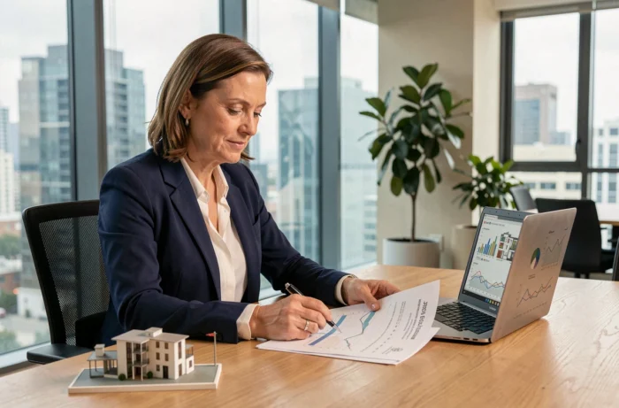 Femme professionnelle analysant des documents d'investissement immobilier dans un bureau moderne avec vue sur la ville