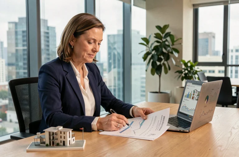 Femme professionnelle analysant des documents d'investissement immobilier dans un bureau moderne avec vue sur la ville