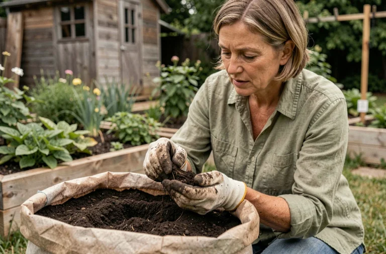 Femme jardinière examinant la texture d'une terre végétale riche dans un jardin potager