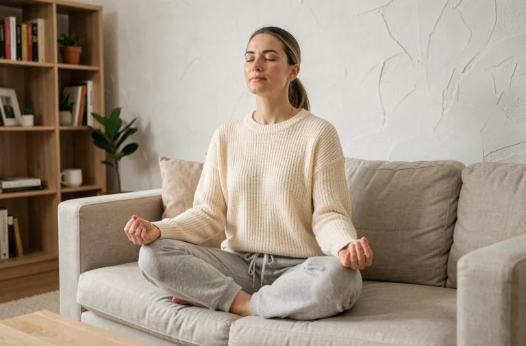 Femme en méditation assise sur un canapé dans un salon minimaliste pour illustrer le bien-être mental