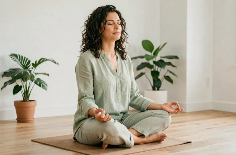 Femme en méditation sur un tapis de yoga en bois dans un appartement minimaliste lumineux, atmosphère bien-être et sérénité
