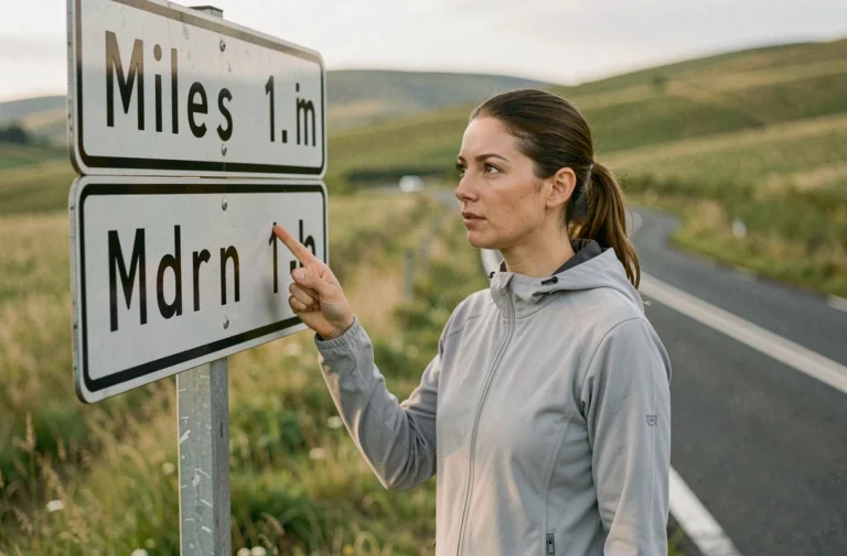 Femme pointant un panneau routier affichant des miles et des kilomètres sur une route de campagne