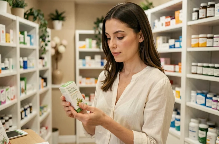 Femme en pharmacie examinant une boîte de Lulutox détox, rayons de compléments alimentaires en arrière-plan