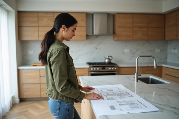 Femme consultant des plans d'architecture dans une cuisine rénovée moderne avec meubles en bois clair