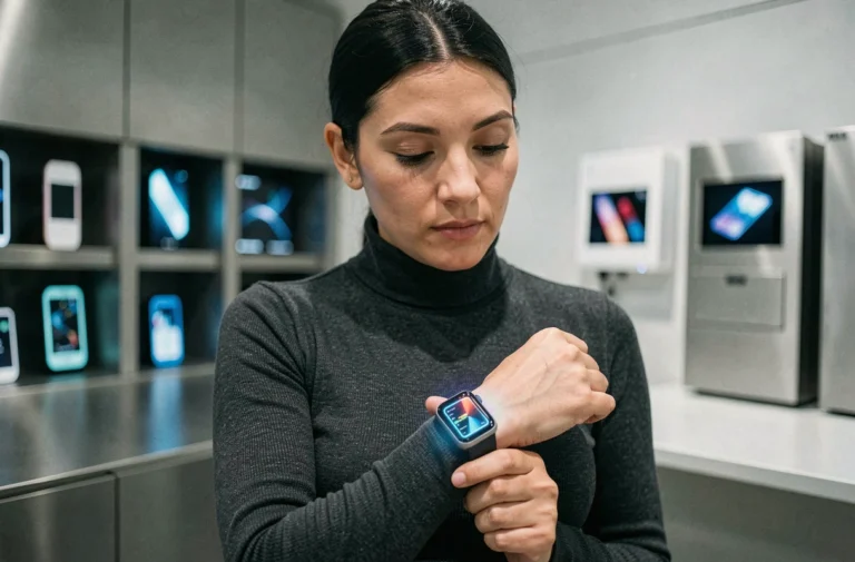 Femme testant une smartwatch innovante dans un showroom high-tech minimaliste en 2024
