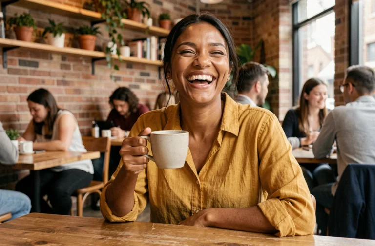 Femme souriante et épanouie dans un café, illustrant les traits d'une personnalité solaire au quotidien