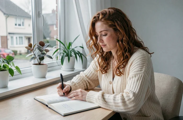Jeune femme épanouie écrivant dans un journal à la maison, développement personnel et traits d'une personnalité solaire