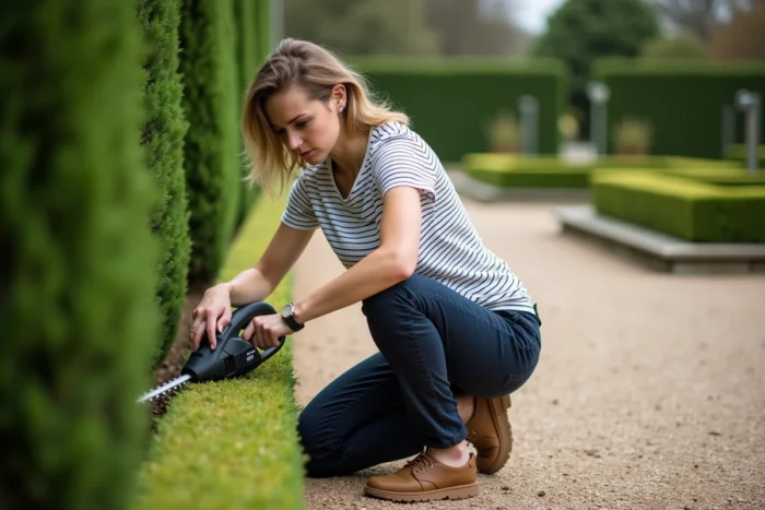 Femme inspectant la taille d'une haie de buis avec un taille-haie électrique sans fil dans un jardin à la française