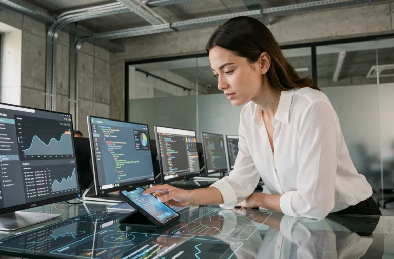 Femme professionnelle interagissant avec des interfaces technologiques avancées dans un bureau moderne de type open-space