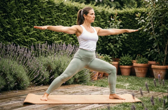 Femme pratiquant une pose de yoga guerrier dans un jardin verdoyant entouré de lavande et de haies