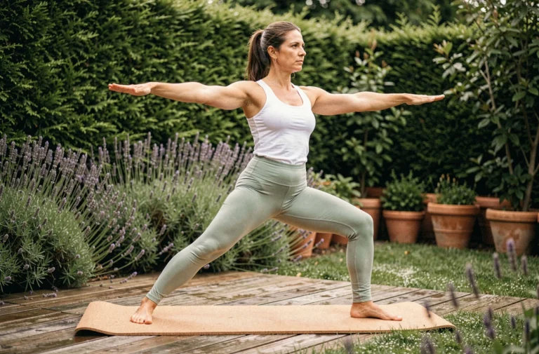 Femme pratiquant une pose de yoga guerrier dans un jardin verdoyant entouré de lavande et de haies
