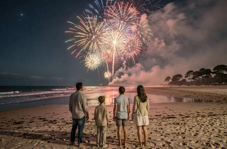 Famille regardant un feu d'artifice sur la plage de l'île d'Oléron la nuit, reflets colorés sur le sable mouillé