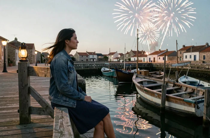 Jeune femme assise sur un quai du port de l'île d'Oléron admirant un feu d'artifice se reflétant sur l'eau calme du port