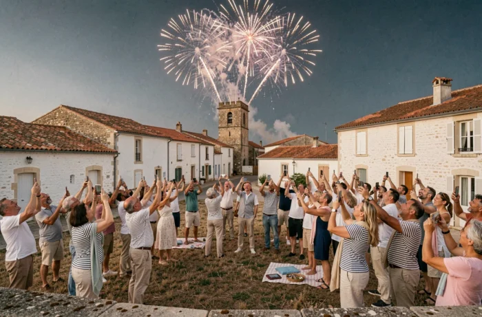Foule de vacanciers réunie sur une place de village de l'île d'Oléron pour admirer un feu d'artifice estival tiré au-dessus des toits charentais