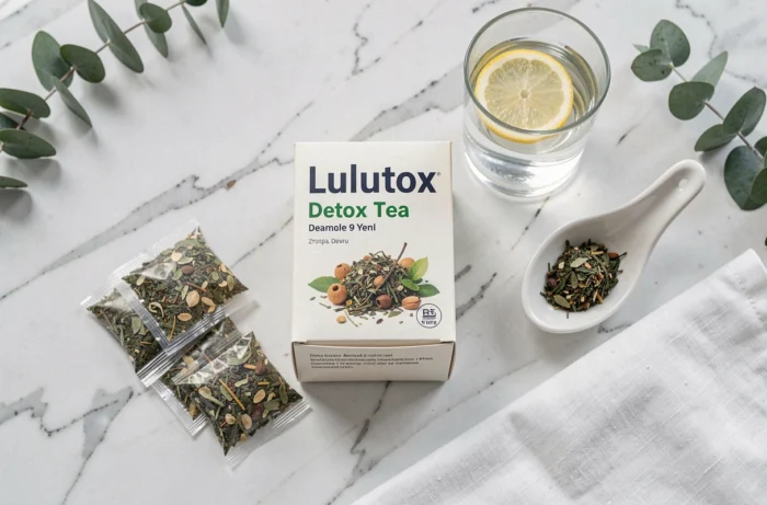 Flat lay de la boîte Lulutox avec sachets de tisane détox, herbes séchées et citron sur marbre blanc
