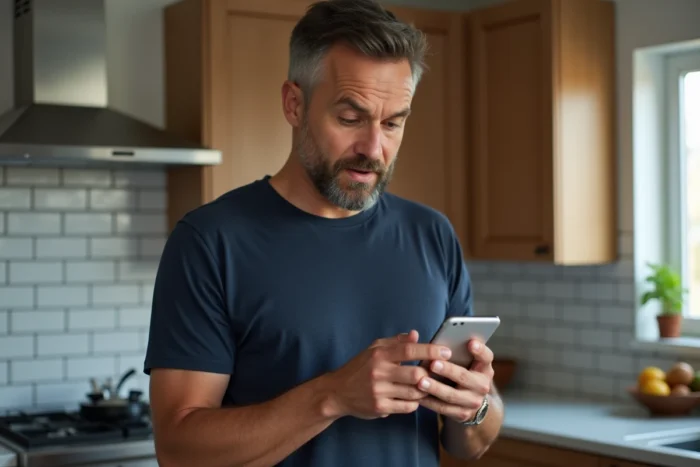 Homme consultant l'application Amazon sur smartphone pour gérer et transférer son solde de compte