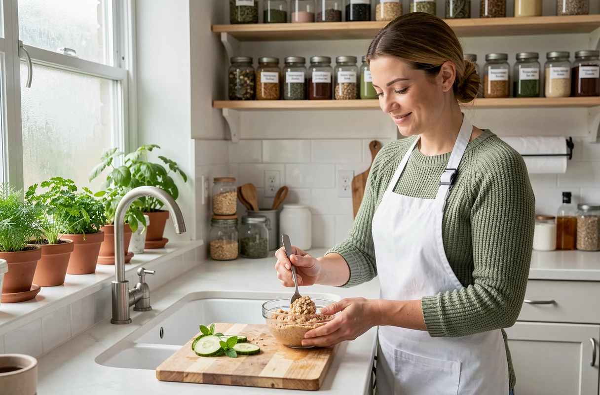 Femme préparant un gommage visage maison à base d'avoine et de miel dans une cuisine de ferme avec herbes fraîches et bocaux d'ingrédients naturels