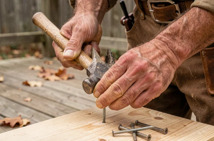 Gros plan de mains tenant un marteau pour enfoncer un clou dans du bois brut, techniques de base et outils essentiels pour débuter le bricolage
