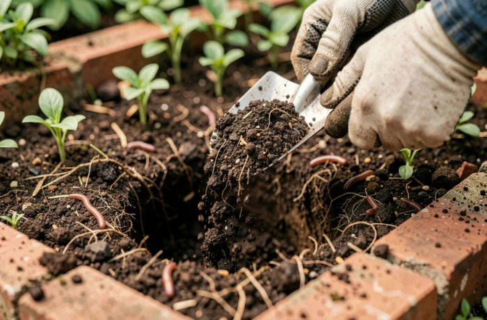 Gros plan de mains versant de la terre végétale riche dans un trou de plantation au jardin