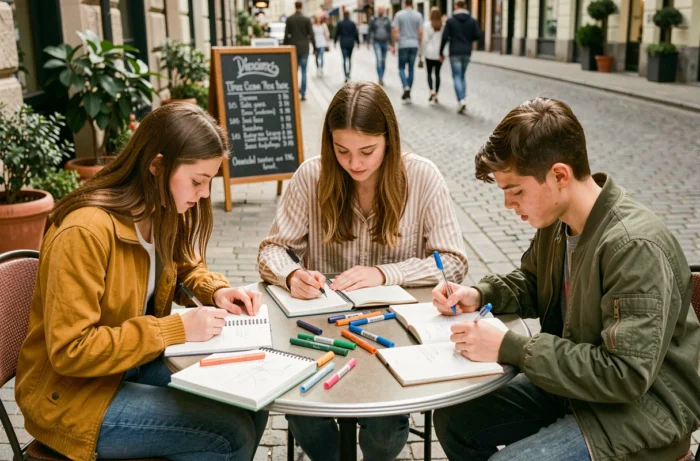 Groupe d'adolescents en terrasse de café participant à un atelier d'écriture créative avec des carnets et des exercices imprimés