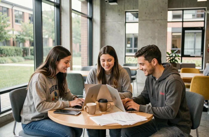 Groupe d'étudiants travaillant ensemble en entraide dans un espace commun moderne d'université