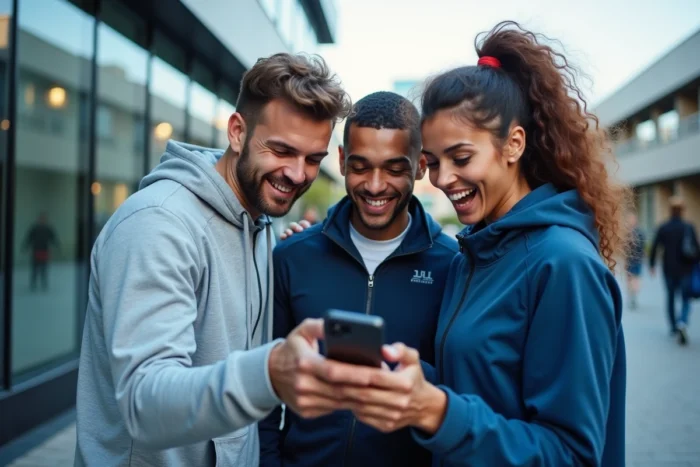 Groupe de passionnés de sport réagissant ensemble à des actualités sportives sur smartphone en extérieur urbain