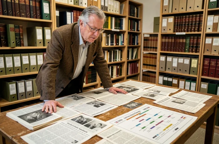 Historien en veste de tweed étudiant des cartes de commandement et des archives photographiques de la Seconde Guerre mondiale sur une table de recherche universitaire