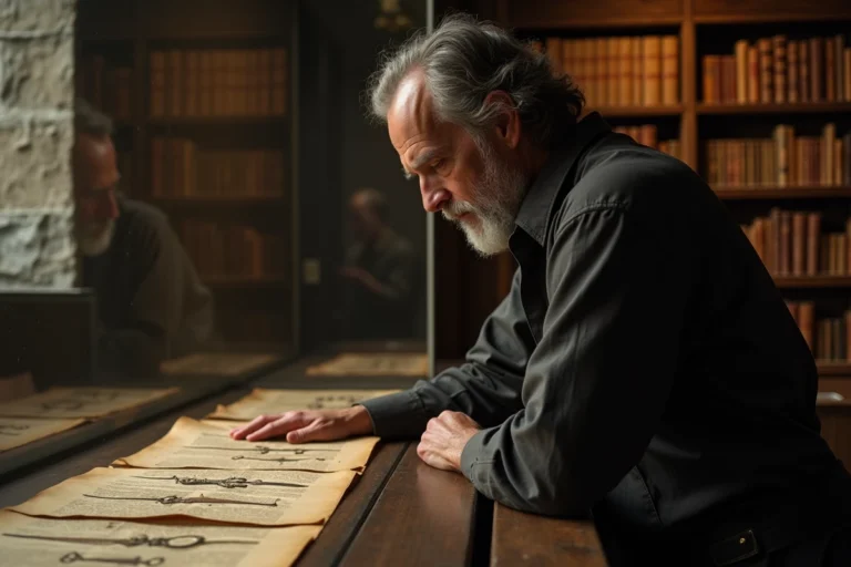 Historien médiéval étudiant un manuscrit ancien sur les supplices et tortures historiques dans une salle d'archives de musée