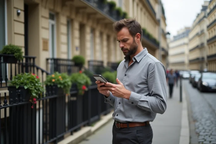 Homme consultant une application de location immobilière devant un immeuble parisien en pierre, comparant l'annonce à la réalité