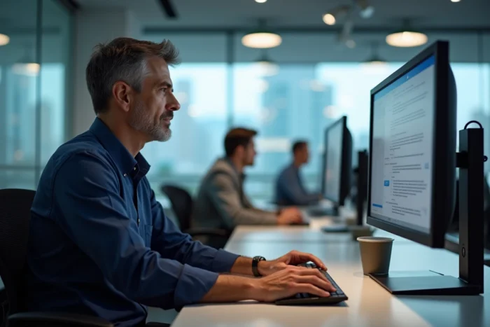 Homme professionnel gérant ses emails sur un grand écran dans un bureau en open space