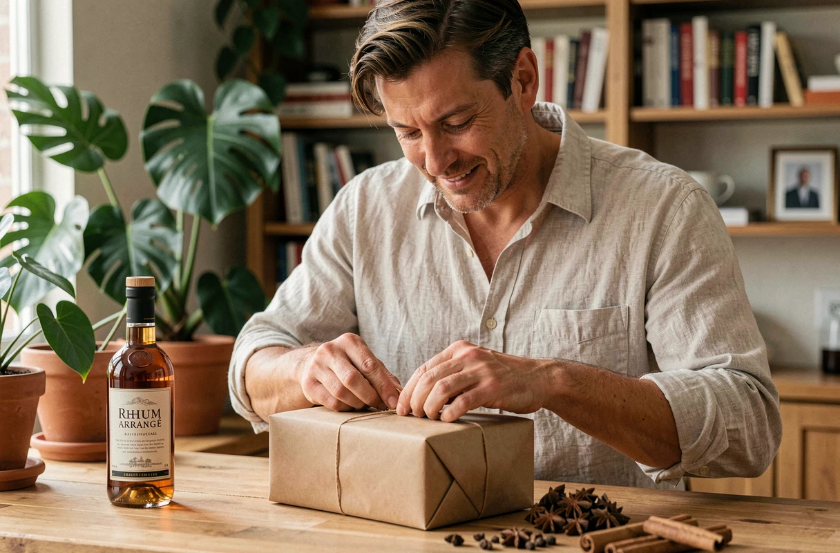Homme préparant un coffret cadeau de rhum arrangé dans un intérieur chaleureux