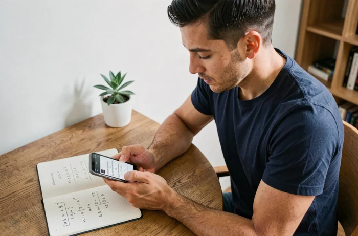 Homme utilisant un smartphone pour convertir des miles en kilomètres avec des formules manuscrites dans un carnet