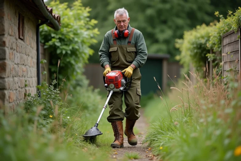 Homme utilisant une débroussailleuse à essence pour entretenir les bords d'un chemin de jardin envahi par les herbes folles
