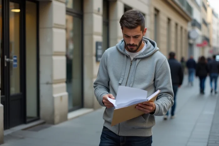 Homme consultant ses documents de demande de logement social devant un bureau administratif