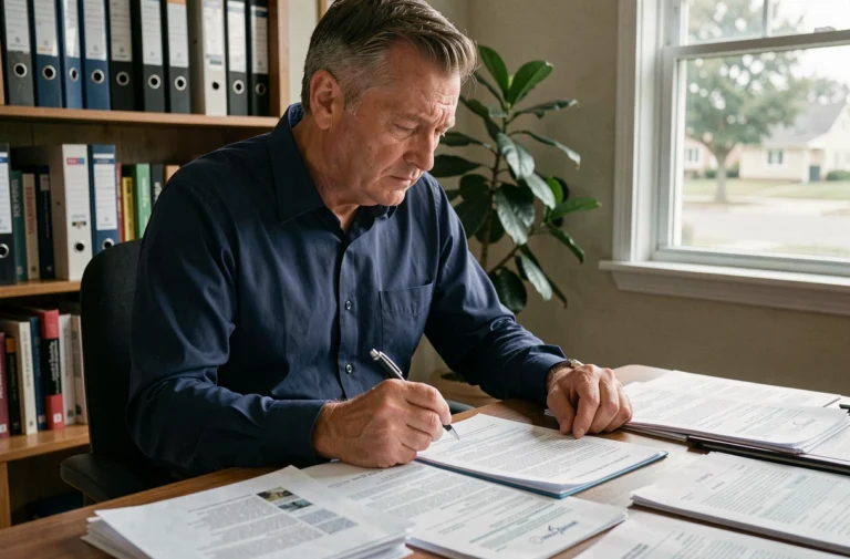 Un homme d'âge mûr examine attentivement un contrat immobilier à son bureau à domicile, illustrant la prudence face aux offres de logement pour particuliers