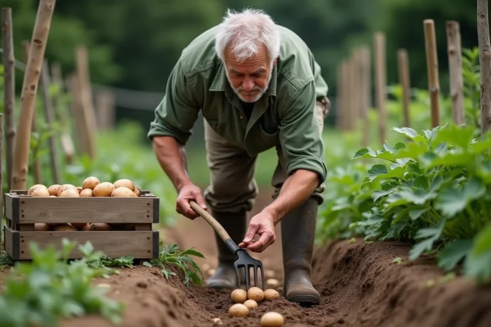 Homme utilisant une fourche à main pour déterrer des pommes de terre dans un jardin potager étroit avec une caisse en bois remplie de légumes récoltés