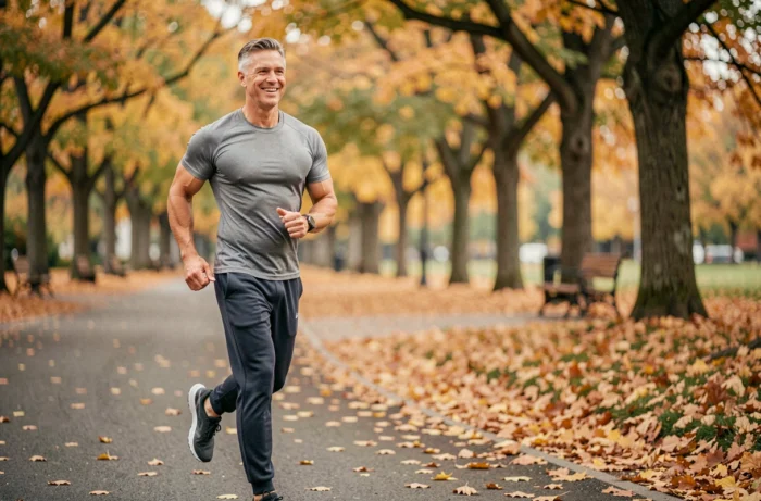 Homme en jogging dans un parc urbain en automne, feuilles dorées au sol, mode de vie actif et santé physique