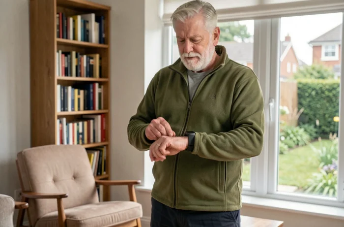 Homme senior actif portant un bracelet connecté de suivi de santé dans son salon pour surveiller son bien-être en autonomie