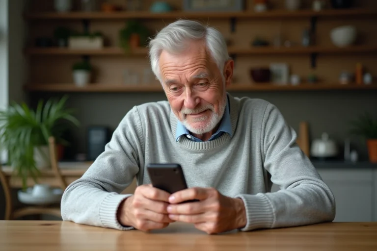 Homme senior tenant un téléphone Doro dans une cuisine, illustrant l'accessibilité de la marque pour les seniors