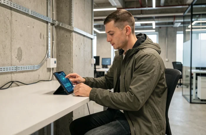 Homme utilisant un smartphone pliable innovant dans un bureau high-tech moderne en 2024