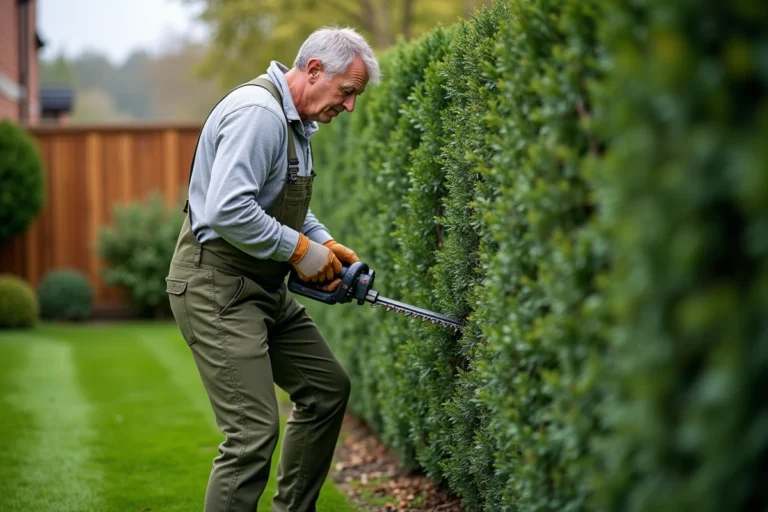 Homme utilisant un taille-haie électrique filaire pour tailler une haie verte dans un jardin entretenu