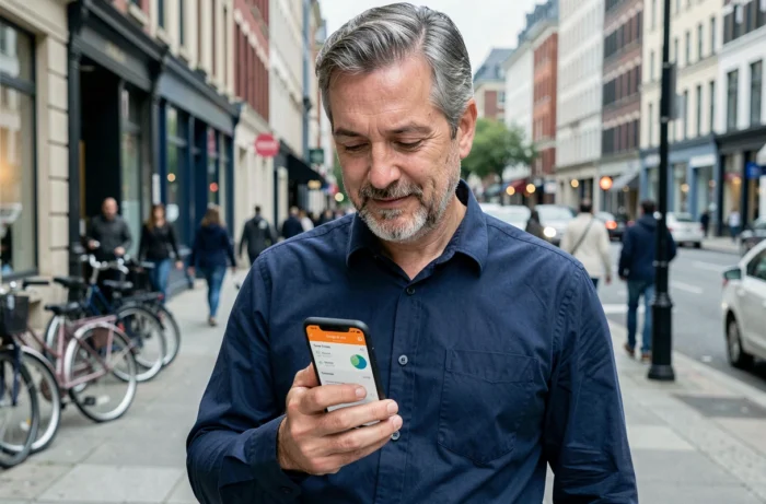 Homme vérifiant son forfait data Orange sur iPhone en plein air dans une rue urbaine