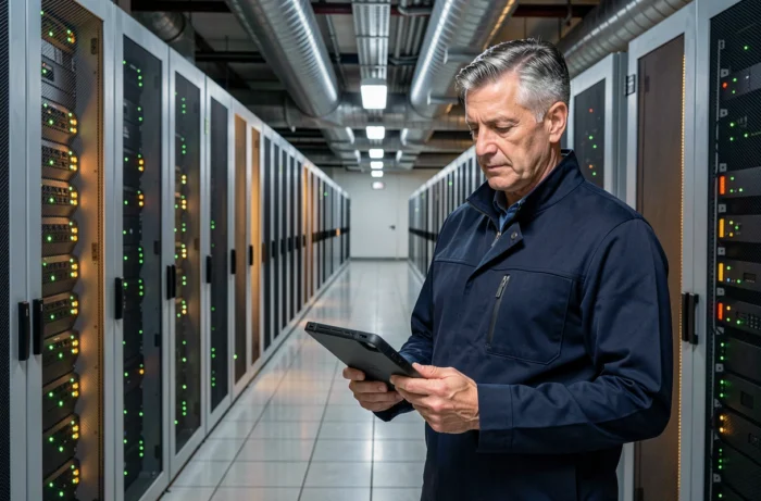 Ingénieur informatique inspectant des serveurs dans une salle de datacenter haute technologie
