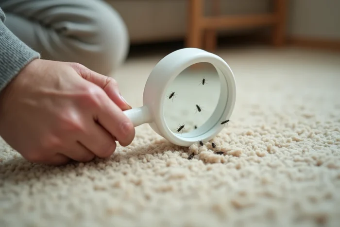 Femme inspectant un tapis avec une loupe pour identifier de petites bêtes noires sautantes dans sa maison