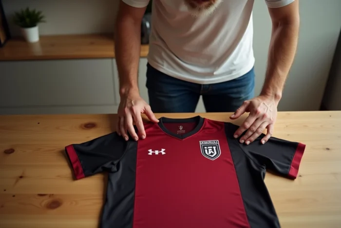 Homme inspectant la qualité des coutures d'un maillot de football Bastard München sur une table en bois