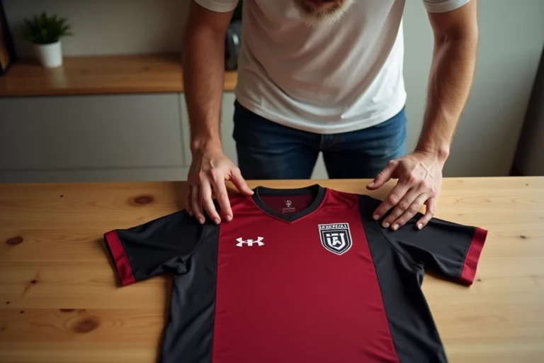 Homme inspectant la qualité des coutures d'un maillot de football Bastard München sur une table en bois