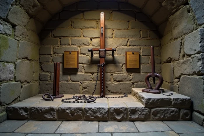Exposition d'instruments de torture médiévaux dans un donjon historique avec chaînes et pieux en fer anciens