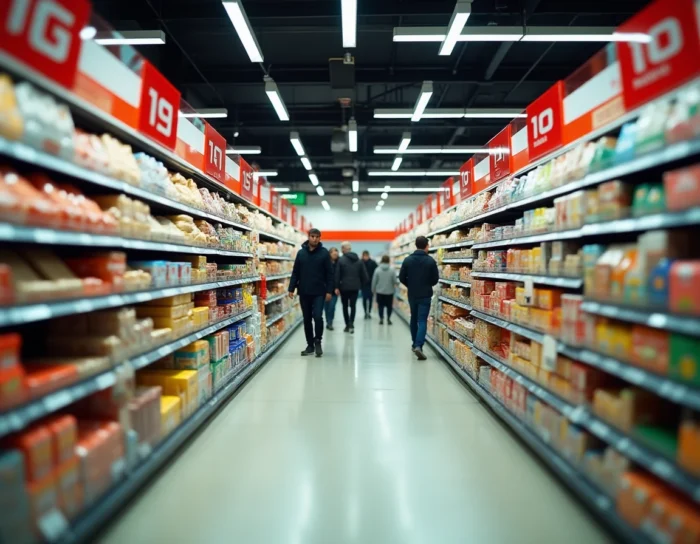 Allée d'un supermarché Système U en France avec des rayons bien achalandés et des clients