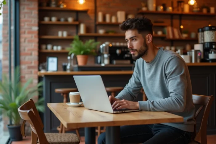 Jeune entrepreneur travaillant sur des services en ligne pour développer sa petite entreprise dans un café moderne